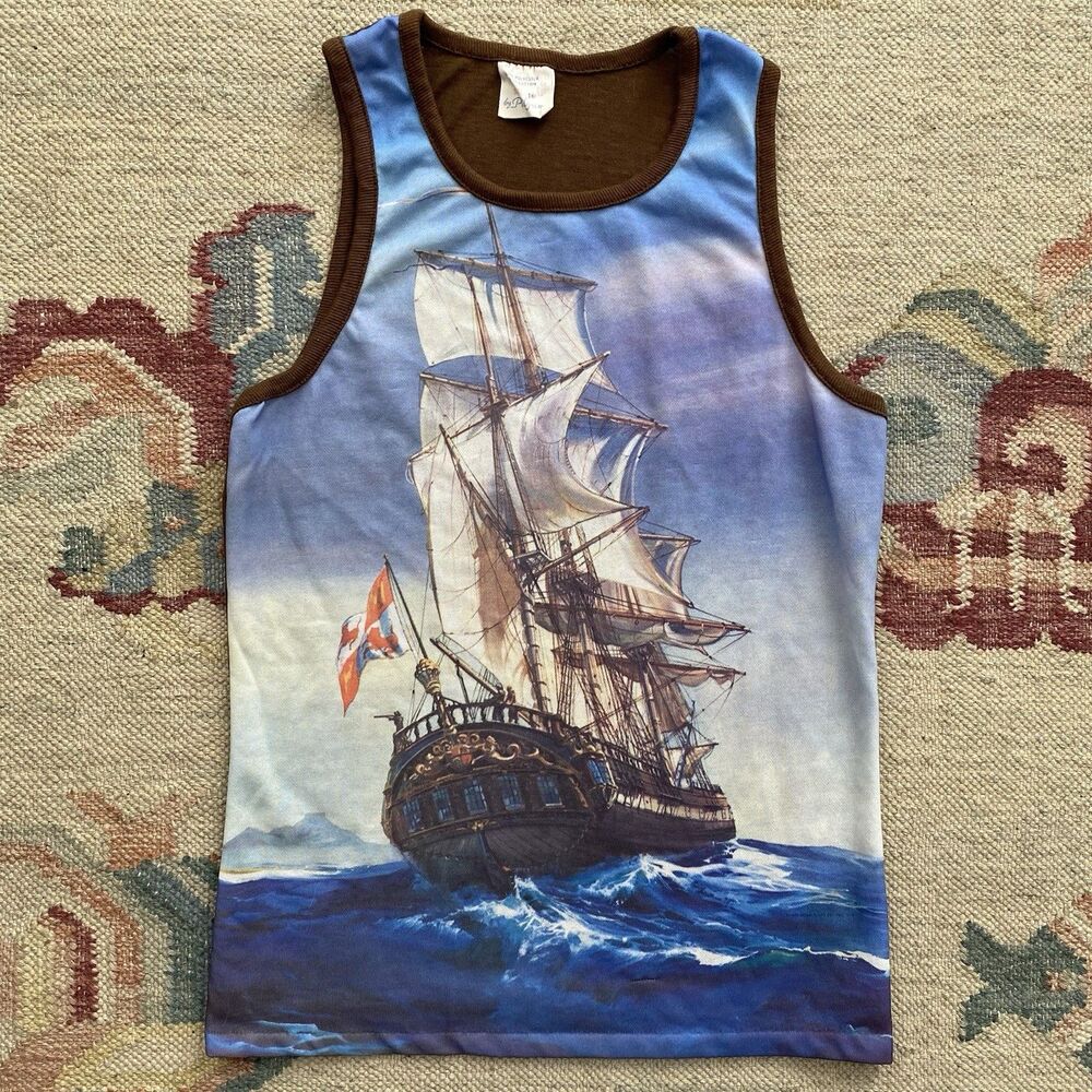 60s Pilgrim Tank Top Vintage Kids Size 16 Painting Sailing Ship Pirate XS S